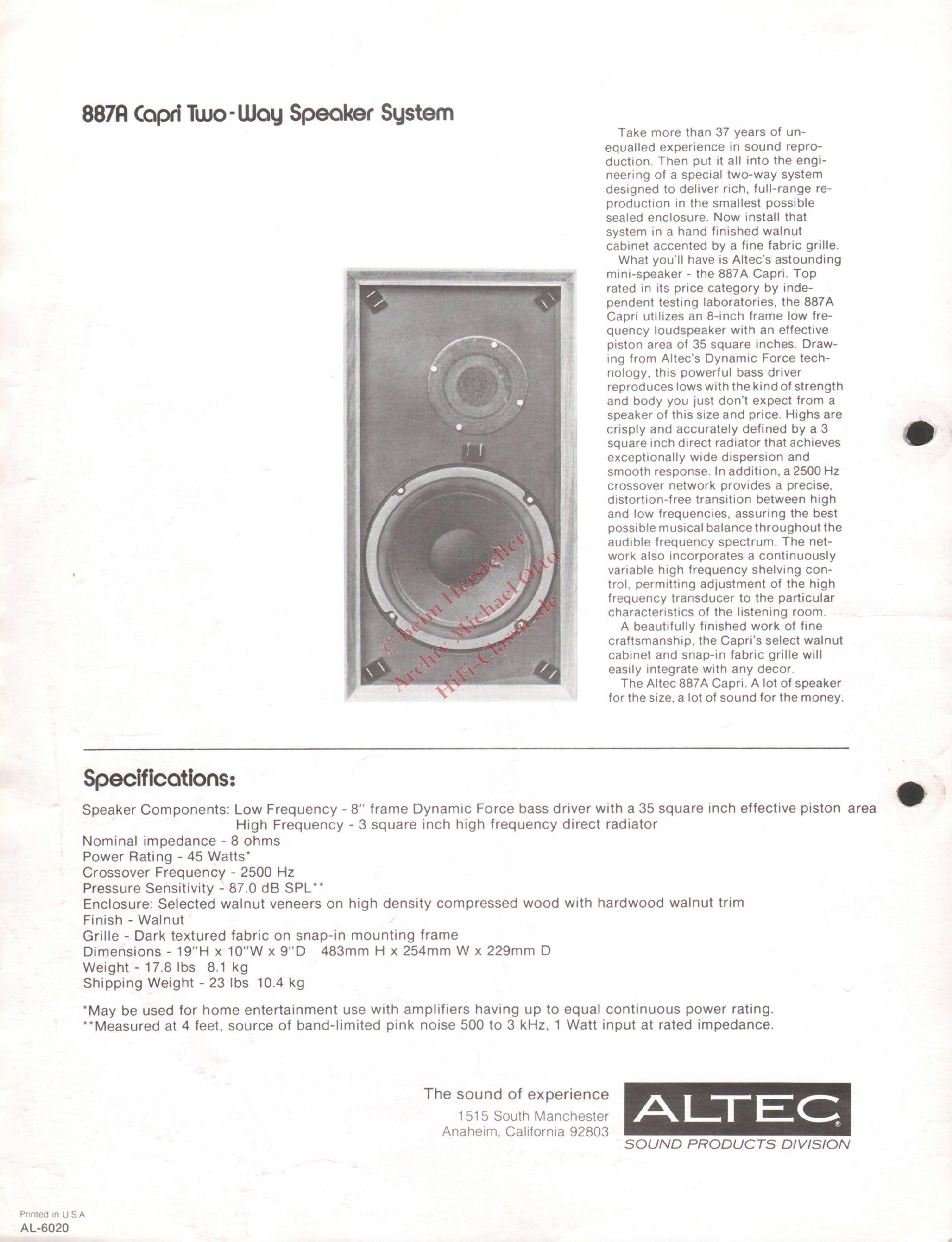 Altec 887A Capri datasheet